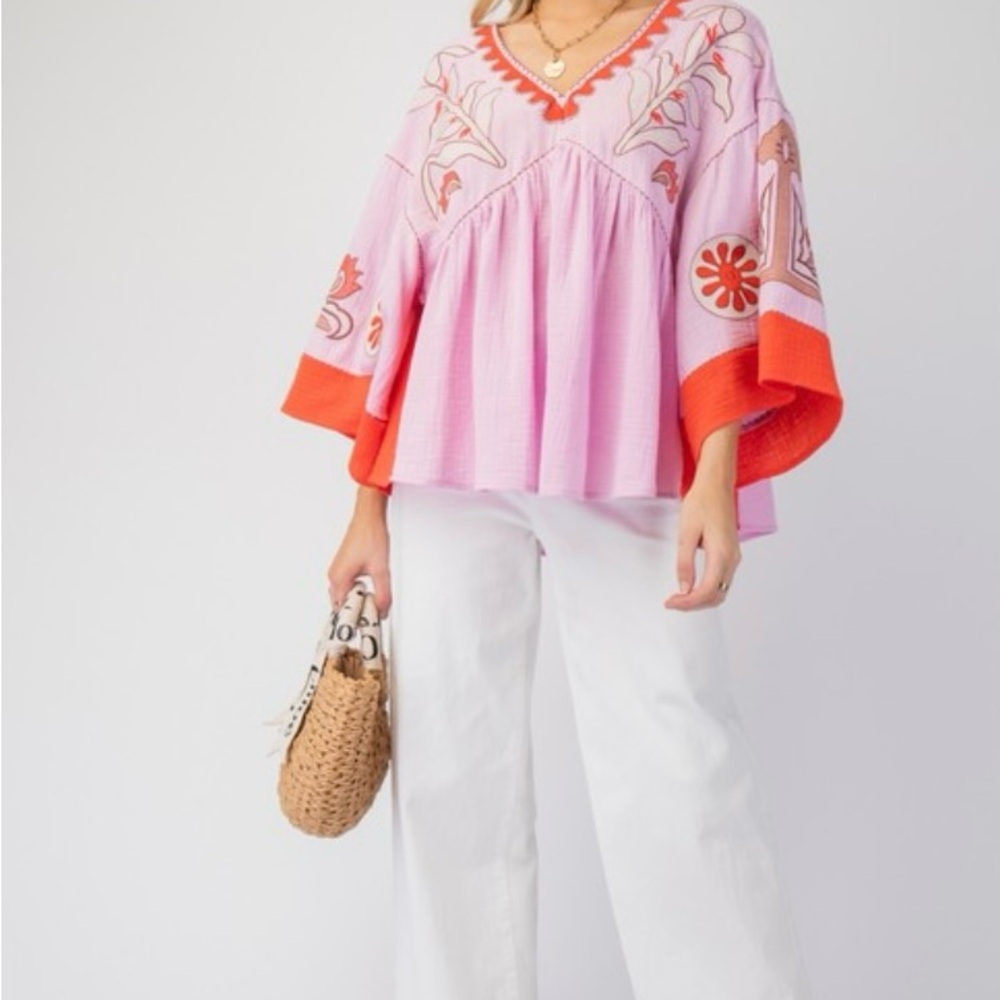 New Easel Embroidery Detailing Cotton Gauze Babydoll Woven Top - Picture 2 of 7